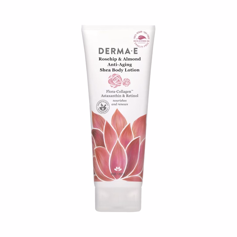 Derma E Rosehip and Almond Anti-Aging Shea Body Lotion  Vegan Flora-Collagen, Retinol and Vitamin E Moisturizer for Dry Skin  Gently Scented Cruelty Free Moisturizing Cream, 8 oz