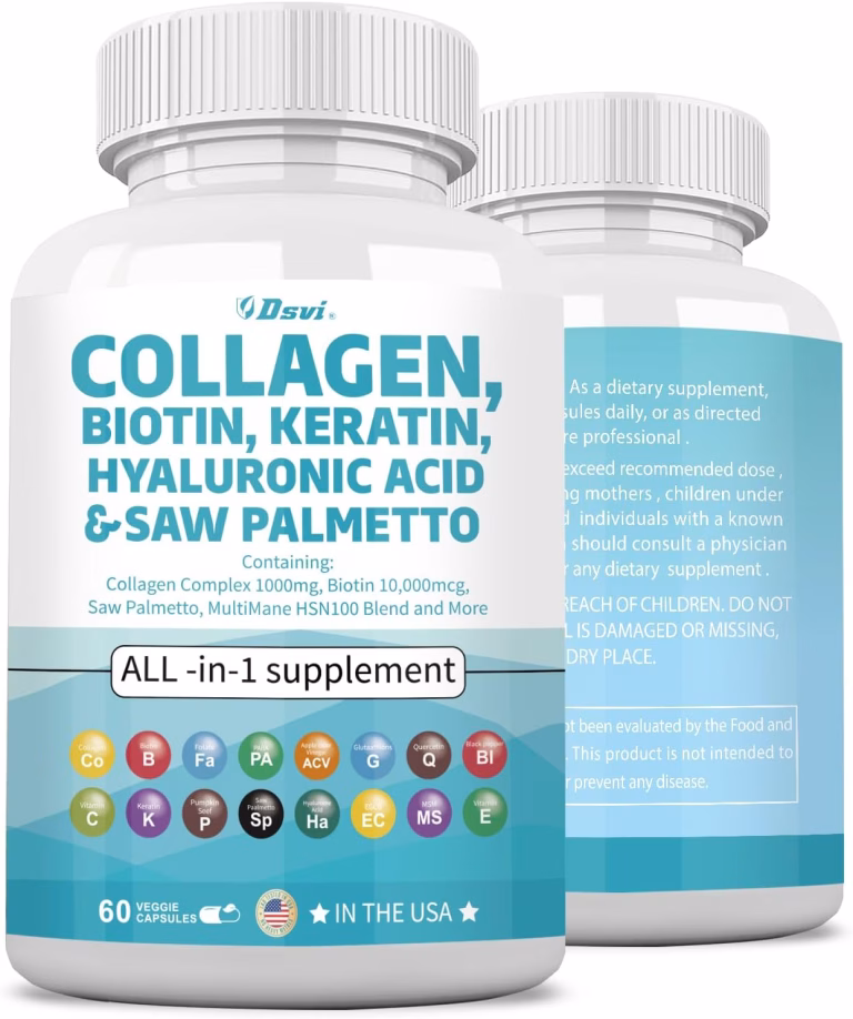 Collagen Pills 1000mg Biotin 10000mcg Keratin Saw Palmetto 2500mg Hyaluronic Acid – Hair Skin and Nails Vitamins and DHT Blocker with Vitamin E Folic Acid Pumpkin Seed MSM for Men and Women,60 Count