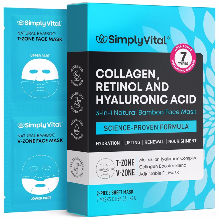 SimplyVital Collagen Face Mask with Retinol & Hyaluronic Acid – Bamboo Sheet Mask for Tightening & Lifting, Hydration & Elasticity, Anti-Aging Facial Lift Mask Skin Care, Mascarillas Faciales – 7 Pack