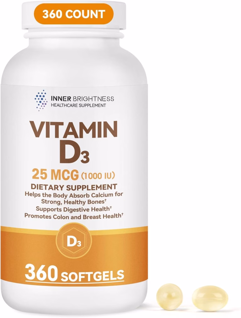 Vitamin D3 1000 IU (25 mcg) Softgels, Bone, Immune & Digestive Health Support, Gluten Free, No Artificial Additives, 360 Count, 360 Day Supply